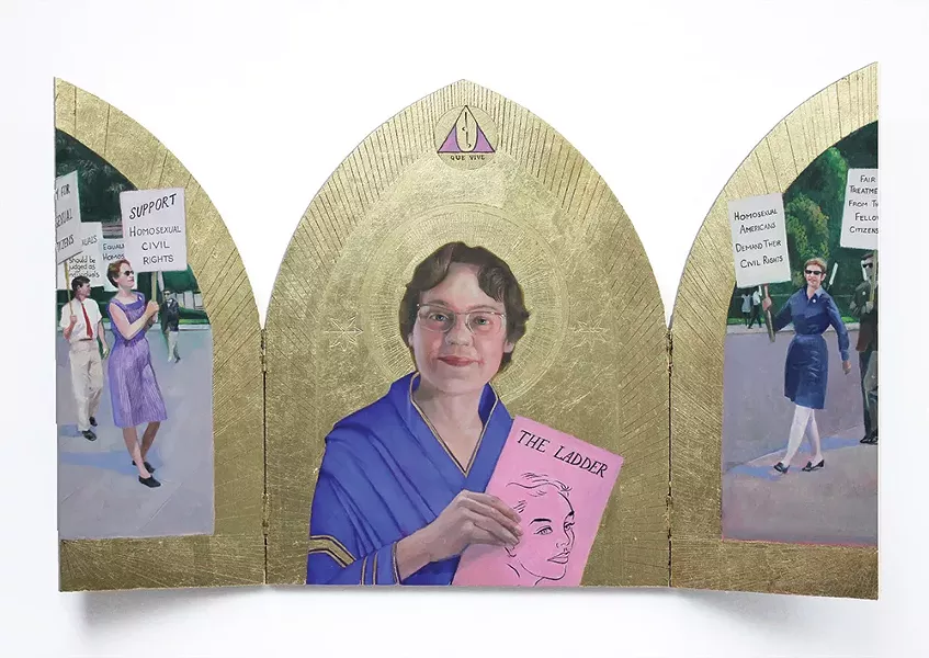 Barbara Gittings Triptych, Carl Grauer, oil on - board with gold leaf detail, 20" x 32", 2019.