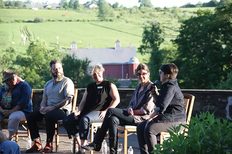 From left to right: Elizabeth Ryan of Hudson Valley Farmhouse Cider; Ryan Burke of Angry Orchard; Megan Larmer, Director of Regional - Food at Glynwood, Kimberly Kae of Metal House Cider; Rachel Freier of The Cheese Course.