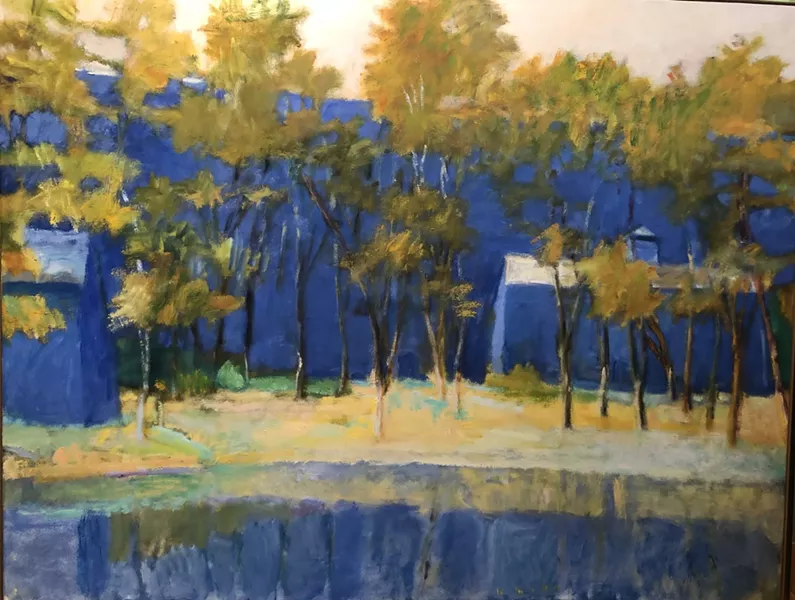 Wolf Kahn. Two Farm Buildings and a Pond, 1989. Oil on canvas 40 × 52 in - COURTESY OF ECKERT FINE ART