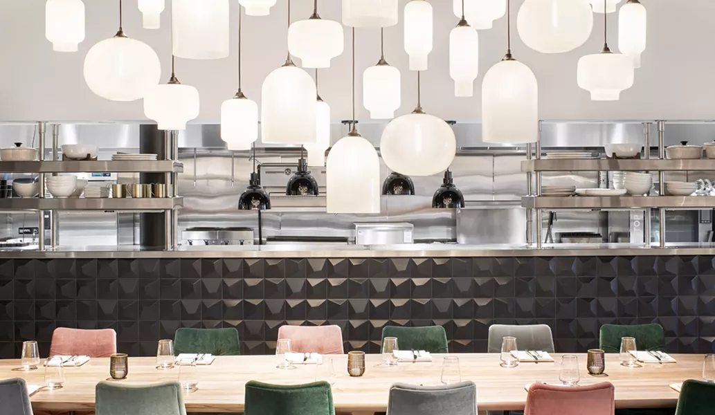 Niche handmade pendant lights featured in the new Crate & Barrel restaurant “The Table at Crate” - PHOTO COURTESY OF CRATE & BARREL