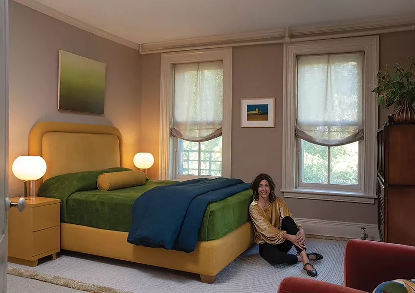 Heidi Feiwel, HF Interiors. The fall foliage-inspired bedroom. More than anything else, Fiewel relies on a close study of the natural world to inform her design projects. “The daily observation of my surroundings has built in me the capacity to discern, and hopefully, be a better designer,” she explains. Participating in the showhouse was a challenge but she “found support in unexpected places.” She adds, “The showhouse helped me see that there is nothing to fear in failure: It teaches us that there is always a solution to every problem. This philosophy has increased my confidence tremendously.” - - Art Credit: Margaret G. Still (@mgstill4 on Instagram): "Yellow Tower 3." - PHOTO: DEBORAH DEGRAFFENREID