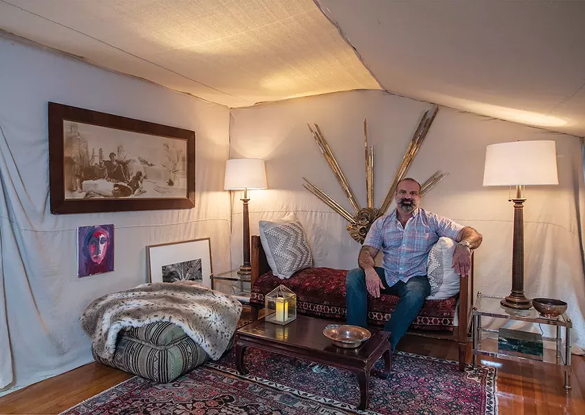 Gabriel de La Portilla, Portilla Design. - De la Portilla took over the showhouse’s third-floor bedroom, applying his characteristic “fresh, modern sensibility grounded in classic traditions" to create an elegant tentlike space with plush textiles and soft light. - PHOTO: DEBORAH DEGRAFFENREID
