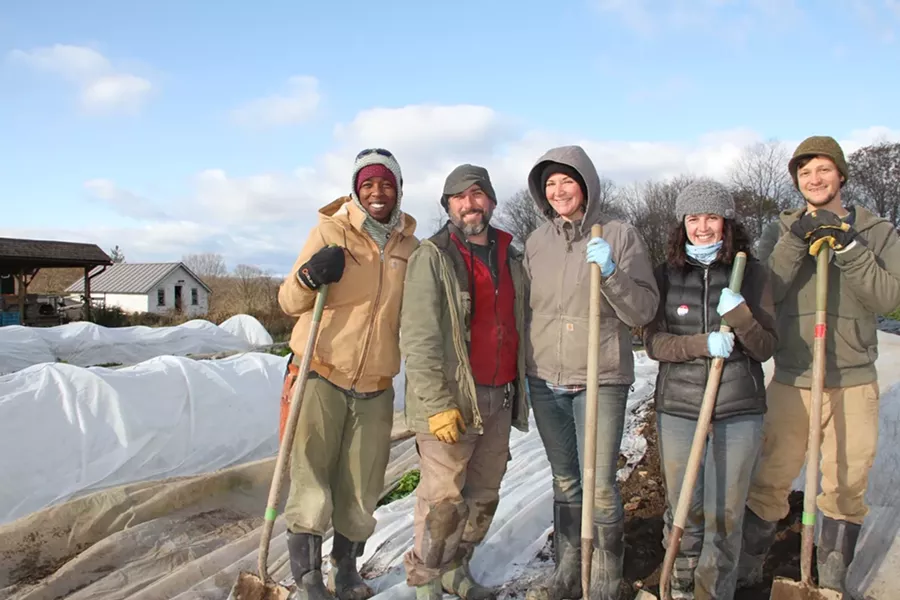 From left to right: Vegetable Apprentice Kione McAulay, Vegetable Production Manager Jarret Nelson, and Apprentices Christina Miller, Lauren Thorpe and Mikhail Pozin.