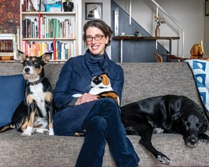 Alexandra Horowitz at home with some of her animal companions in Columbia County. Quid, the protagonist of The Year of the Puppy, is on the left.