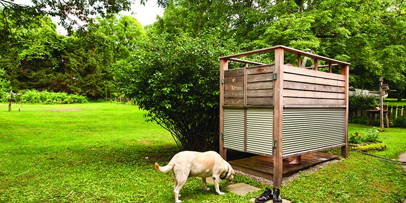 The Country Farmhouse Gets Creative Repurposing in Bloomington An outdoor shower O'Connor built in advance of their bathroom renovation. The shower is served hot water through an on-demand water heater. Deborah DeGraffenreid
