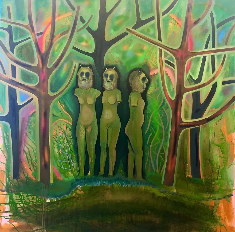 Three Pan Goddesses, a painting by Jennifer Coates, will be exhibited at LABspace in Hillsdale as part of the group show "The Magic Garden," which runs February 20- April 11.