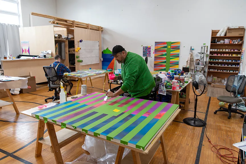 Jeffrey Gibson working in his Claverack studio, January 2021.