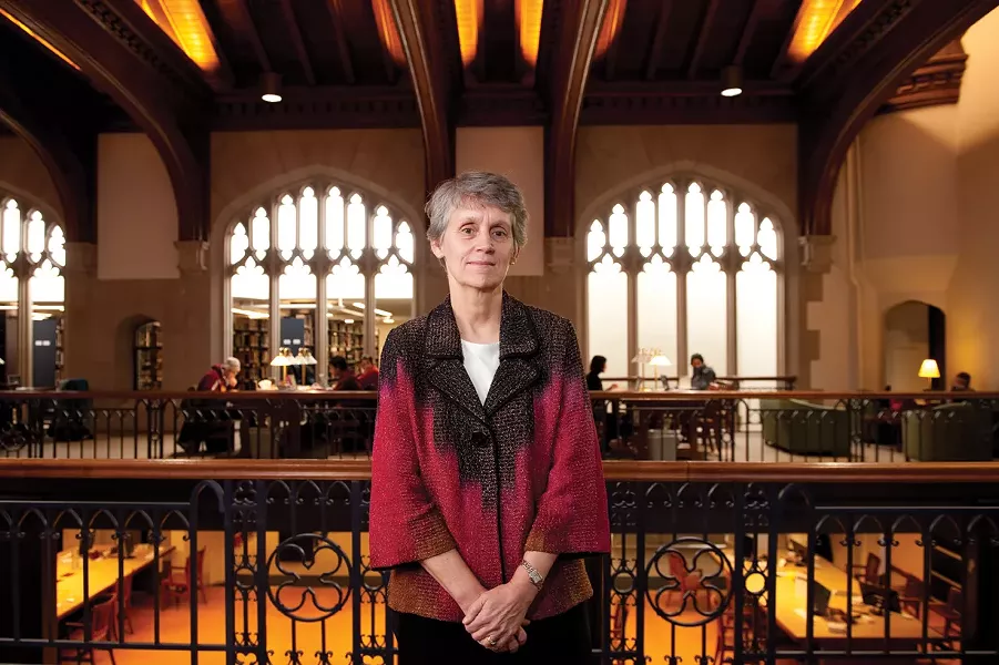 Vassar College President Catherine "Cappy" Hill in the campus library.