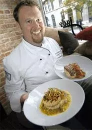Chef Pete Schellenbach shows off his salmon and veal porterhouse. - WALTER NOVAK