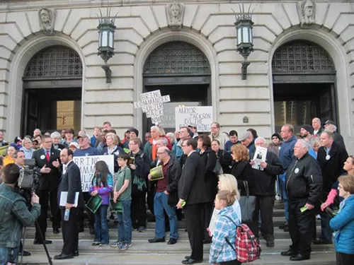 Keith Sulzer supporters gather outside City Hall on March 31. Keith Sulzer supporters gather outside City Hall on March 31.