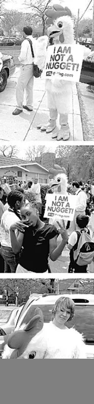 Sweet West Side children exchange thoughtful - dialogue and smack the PETA chicken.