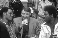 The unholy trinity: Drew "Bundini" Brown (Jamie Foxx), Howard Cosell (Jon Voight) and Don King (Mykelti Williamson) wait for the Rumble in the Jungle in Ali.