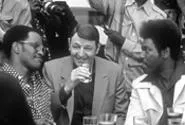 The unholy trinity: Drew "Bundini" Brown (Jamie Foxx), Howard Cosell (Jon - Voight), and Don King (Mykelti Williamson) wait for the Rumble in the Jungle - in Ali.