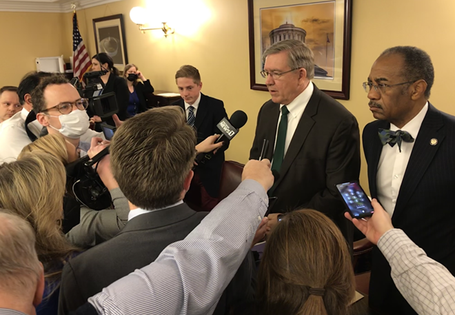 House Speaker Bob Cupp, center right, and state Sen. Vernon Sykes, far right, co-chairs of the Ohio Redistricting Commission, speak to media after Tuesday’s meeting to restart the legislative redistricting process. - (PHOTO: SUSAN TEBBEN, OCJ)