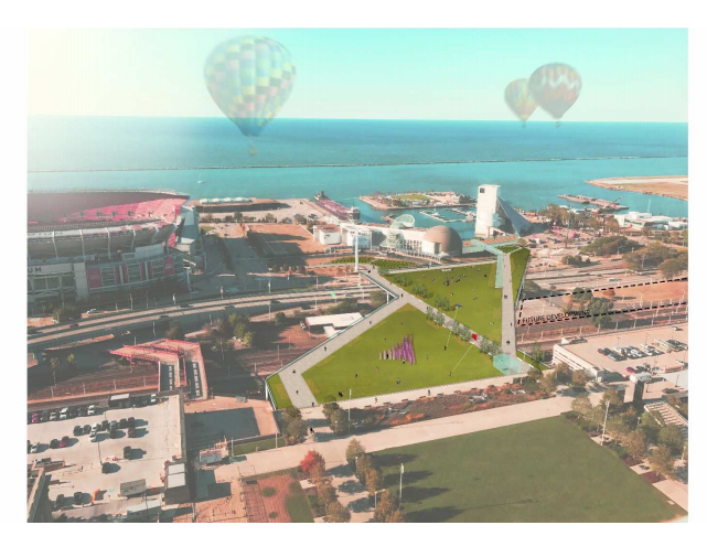 Aerial view of proposed land bridge connecting downtown and the lakefront. - IMAGE COURTESY GREEN RIBBON COALITION