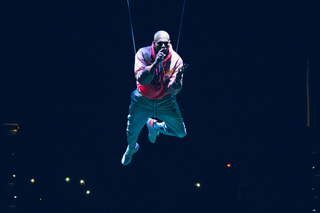 Chris Brown plays (flies away from?) Amalie Arena in Tampa, Florida on April 16, 2017. - ANTHONY MARTINO