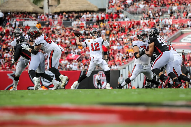 Tom Brady in the Tampa Bay Buccaneers’ 48-25 win against the Atlanta Falcons on Spet. 1, 2021. - TAMPA BAY BUCCANEERS