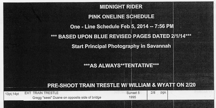 A blow-up of the portion of the Midnight Rider call sheet that seems to disprove the initial contention that the tragic shoot was just a camera test; “William & Wyatt” refers to actors William Hurt and Wyatt Russell.