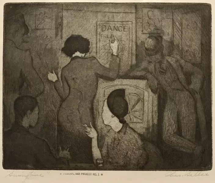 Charles Sallee (American, 1911-2006), Swingtime, 1937. Aquatint, etching on wove paper. On loan from the Howard University Gallery of Art, Washington, D.C.