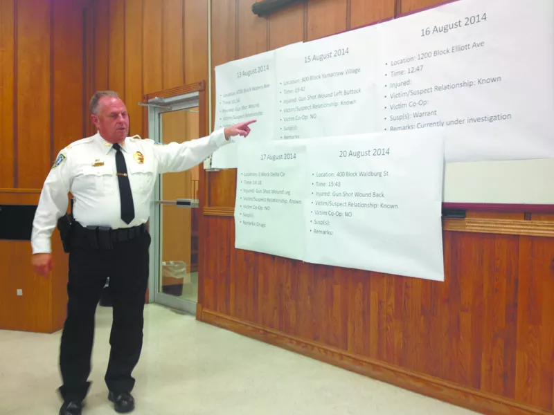 Maj. Zapal breaking down the most recent round of shootings; in four of the five cases posted on the wall, the victims refused to cooperate with police.
