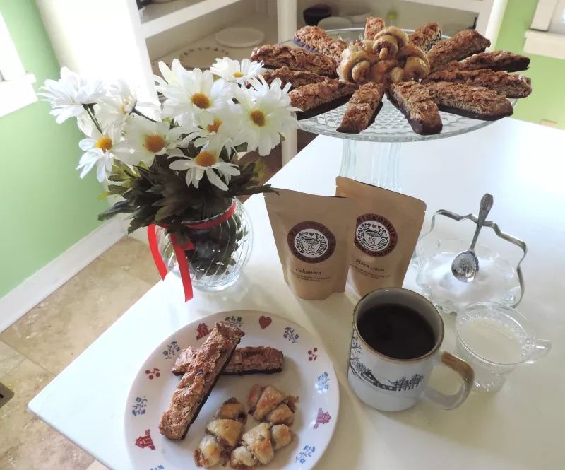 Morning cuppa Friendship Coffee with chocolate-dipped Orange-Almond Biscotti & Apricot-Walnut Rugelach