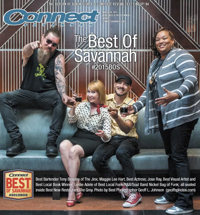Our cover this year was shot by Best Local Photographer Geoff L. Johnson. The set was Best New Restaurant Winner The Grey. From left to right: Best Bartender Tony Beasley of The Jinx; Maggie Lee Hart, Best Actress; Jose Ray, Best Visual Artist and Best Local Book Winner; Leslie Adele of Best Local Funk/R&B/Soul Band Nickel Bag of Funk