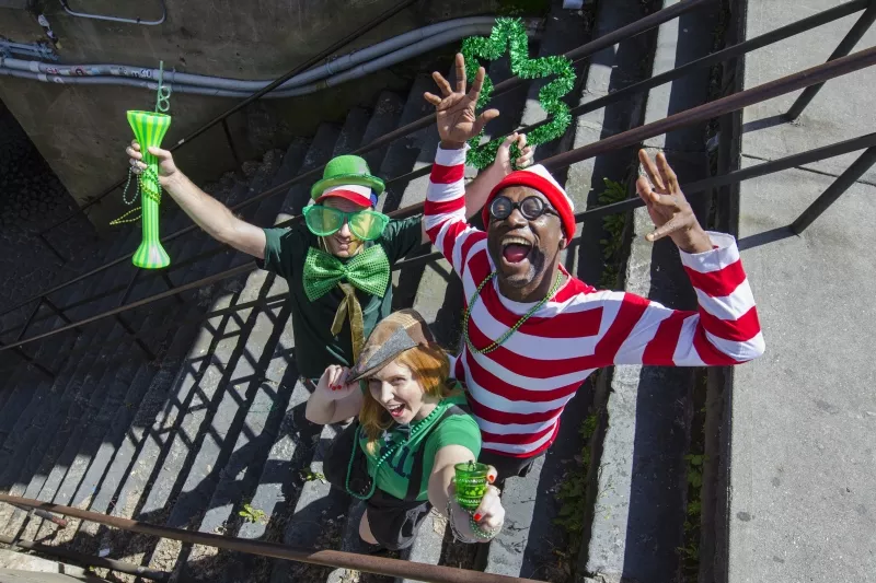 Tom Worley, Britt Scott, and James Holmes on The Stone Stairs of Death for our cover shoot - GEOFF L. JOHNSON