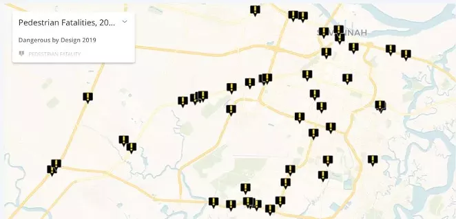 Location of fatal crashes involving pedestrians. Three streets account for a significant portion: Abercorn Extension, Ogeechee Road, and Bay/President St. - SMART GROWTH AMERICA