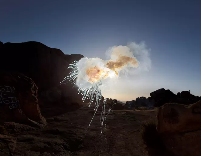 Controlled explosions in the desert, under the guidance of a master pyrotechnicist, "Exploded View Desert" by Kevin Cooley. - PHOTO COURTESY OF LANEY CONTEMPORARY