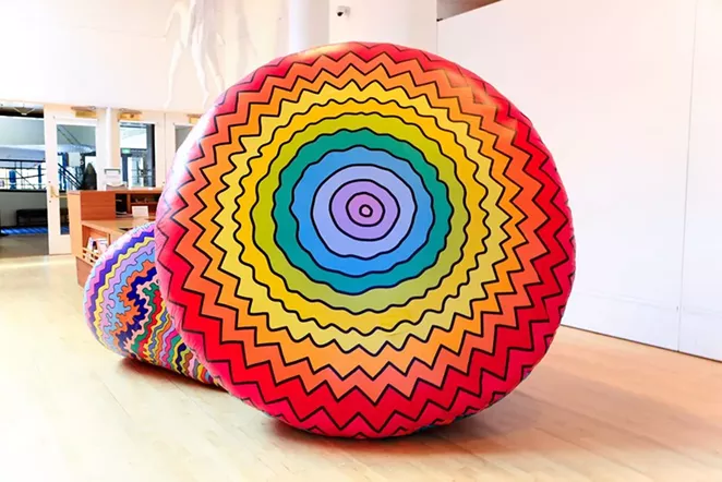 TOP (L-R): Lizabeth Rossof (American, b. 1973), 5 XI’AN AMERICAN WARRIORS, 2019 Nylon fabric, electric fans. Sharon Engelstein (Canadian, b. 1965), Seeker, 2012, Nylon fabric, electric fan. BOTTOM: Jen Stark; Cones; 2019; Nylon fabric, electric fans; courtesy of Bedford Gallery at the Lesher Center for the Arts.