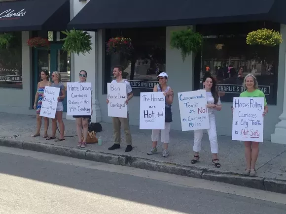 Members of Savannah Animal Advocacy demonstrated on Ellis Square last Saturday to raise awareness of the plight of carriage horses.
