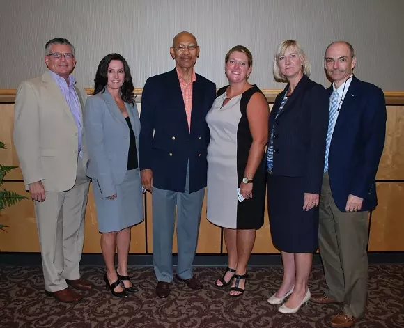 (L to R) Chatham County Manager Lee Smith, Memorial Health Public Policy Director Jennifer Wright, CGIC Vice Chair Otis Johnson, CGIC director Tara Jennings, Assistant County Manager Linda Cramer and CGIC chair Mike Kemp have committed to creating an action plan to meet the goals of Chatham County for 2035. - PHOTO BY NANCY FULLBRIGHT