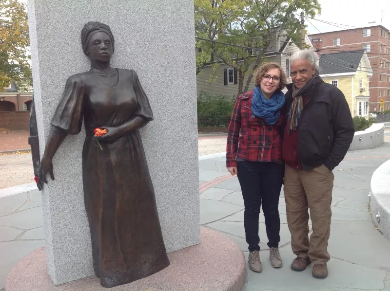 Lauren Flotte and Jerome Meadows, designer of the Portsmouth African Burying Ground memorial, visit the memorial site while in Portsmouth, NH for a production of Blank Page Poetry.