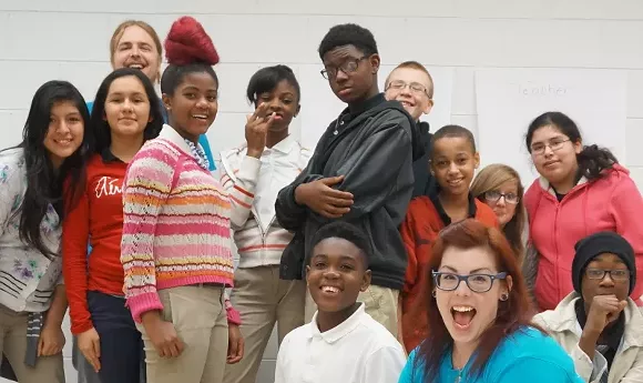 Group shot of the Deep Center workshop at Mercer Middle School, with André Massey at center. - PHOTO BY MELANIE GOLDY