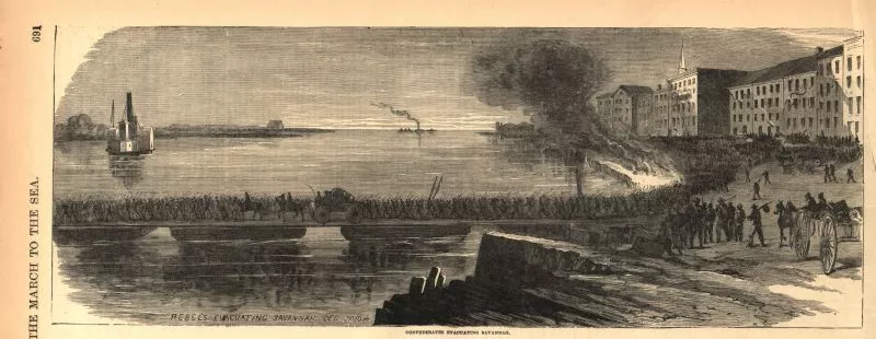 An image from the era depicting the Confederate evacuation of Savannah on a bridge made of barges, leaving from the downtown waterfront.