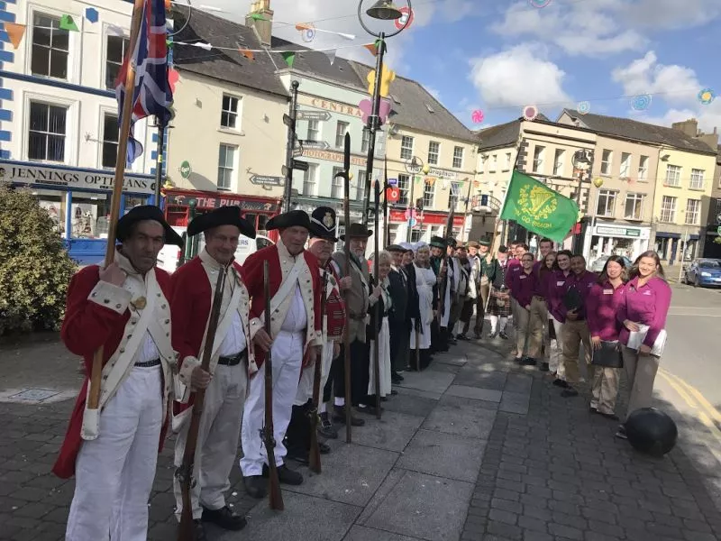 Georgia Southern students interacting with a group of historical re-enactors focused on Ireland’s 1798 Rebellion and the follow-up 1803 rebellion organized by Robert Emmet, after whom Savannah's Emmet Park is named. The students are in the town of Enniscorthy in central County Wexford, Ireland.