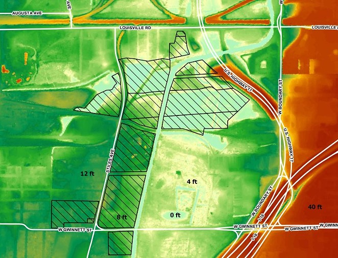 Elevation map of the site with blue representing low elevations and red representing high elevations. City-owned parcels in black hatching. Source: GA Tech