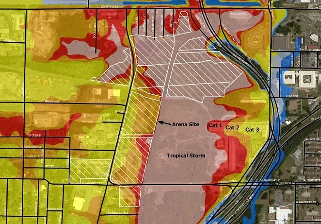 Storm surge flood areas associated with storms of different intensities as predicted by the NOAA SLOSH model. Pink represents flooding from a tropical storm, red from a category 1 hurricane and so on. Source: NOAA