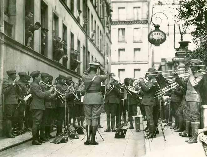 369th Regimental Band performs for American wounded at Base Hospital No. 9, Paris, France, September 9, 1918. Photo courtesy of the City of Savannah Municipal Archives.