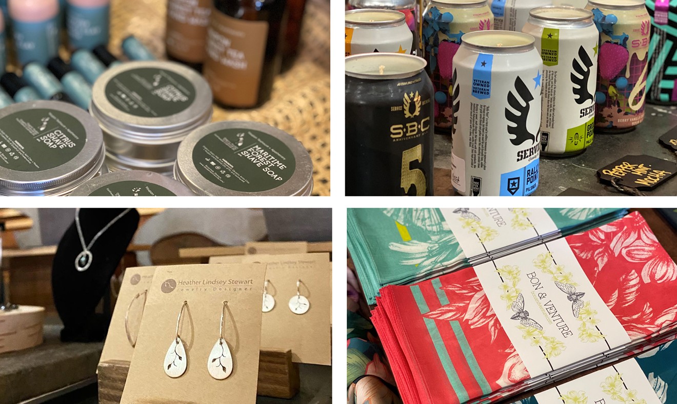 Vendors at Service Brewing Co.’s Holiday Makers Market: (clockwise) Yaupon Tea House,  Beer Candles by Lumiere, Heather Lindsey Steward, Bon & Venture.