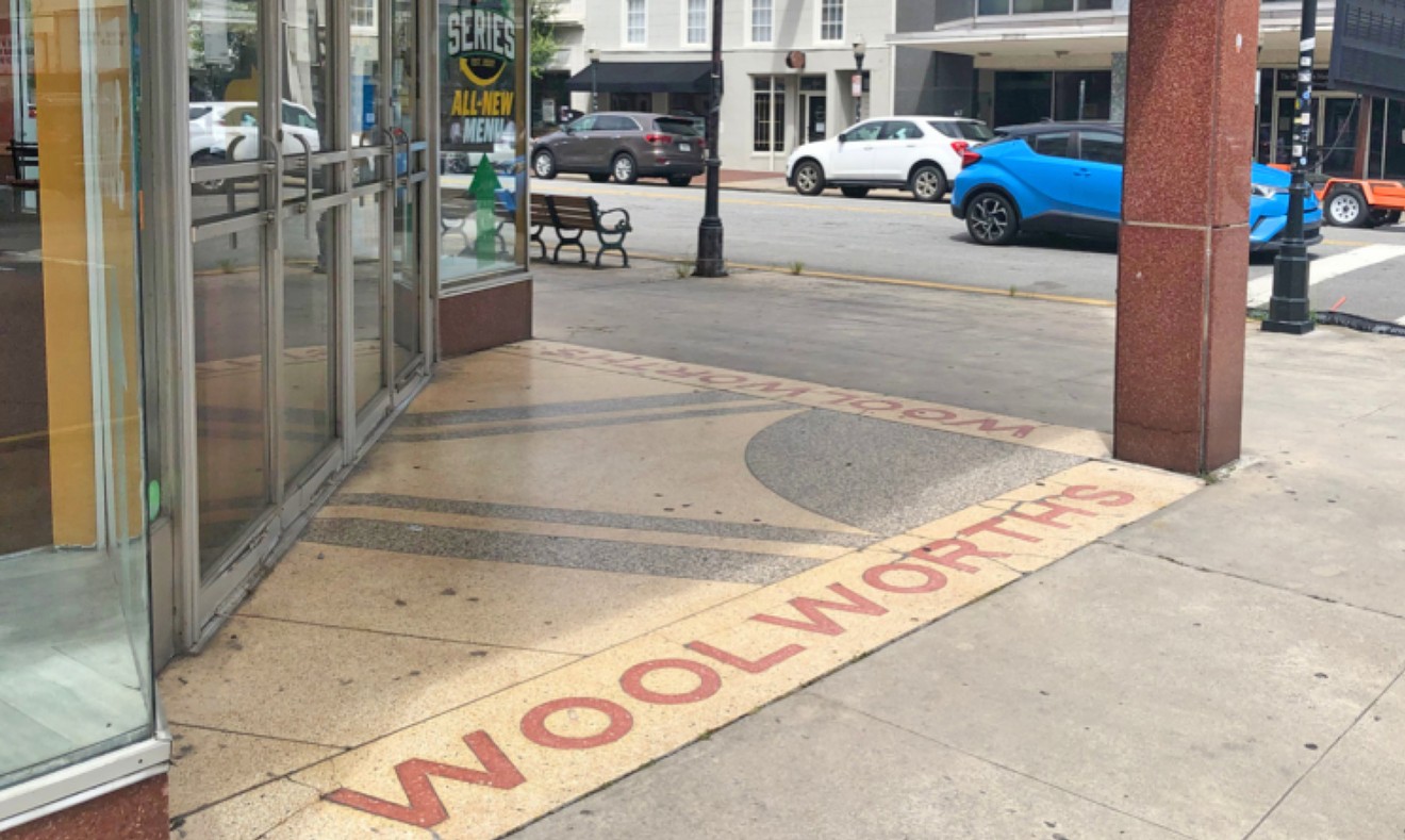 The old Woolworth’s terrazzo entrance, now leading to a Subway, remains at the intersection of Abercorn and Broughton.