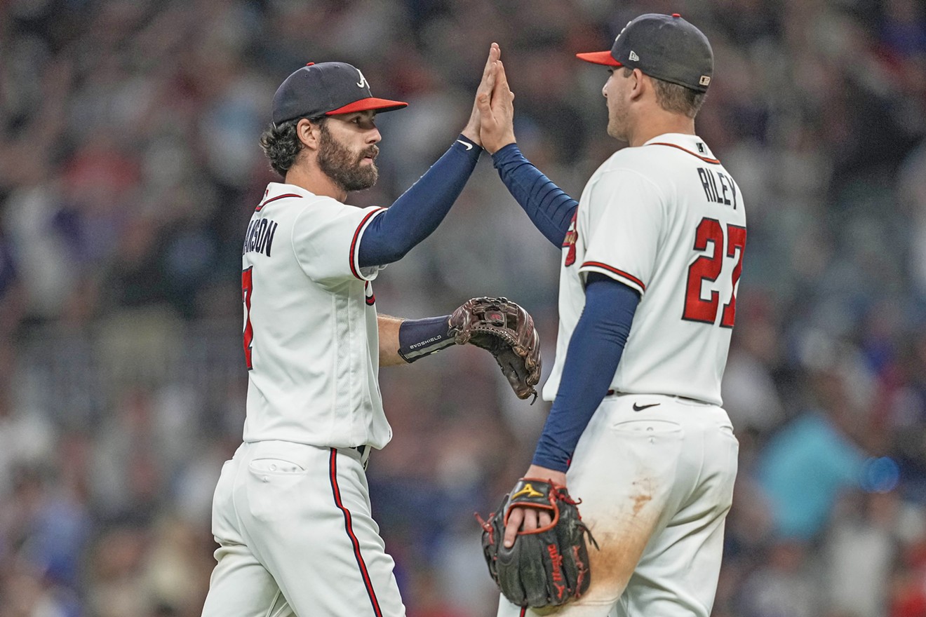 Atlanta Braves shortstop Dansby Swanson (7) reacts with third baseman Austin Riley (27) after the Braves defeated the New York Mets at Truist Park. Photo by Dale Zanine USATD syndication