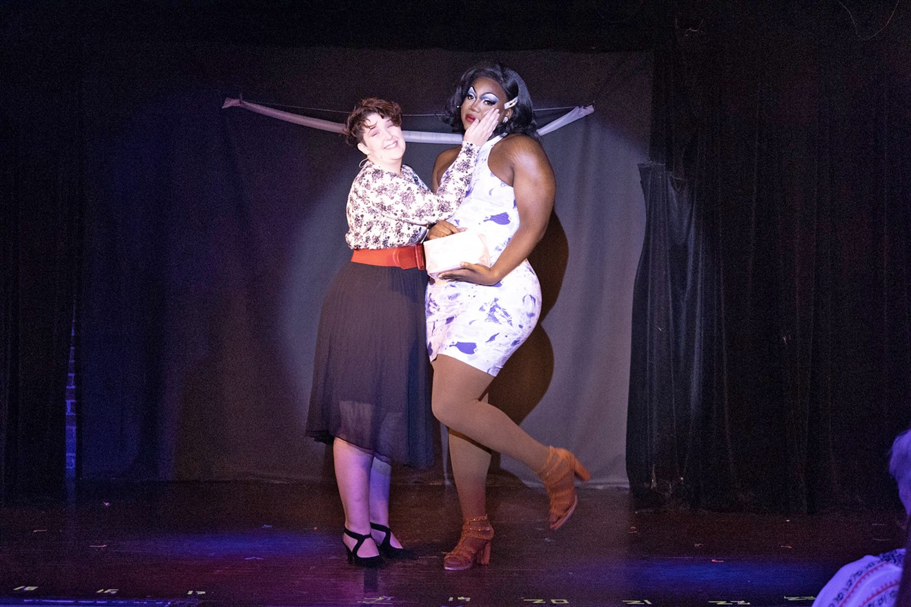 Gwen Leahy (Betty) and Sallie Just Sallie (Peggy) perform a commercial for Pretty Pretty Girl Cosmetics in “Murder at the Bay Street Cabaret.” Photo by Chris Stanley