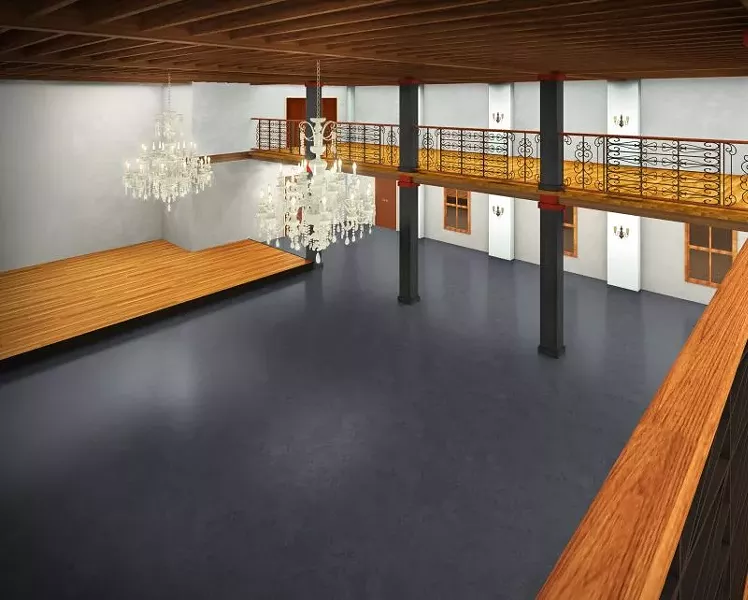 Rendering of the completed main room, stage at the left.