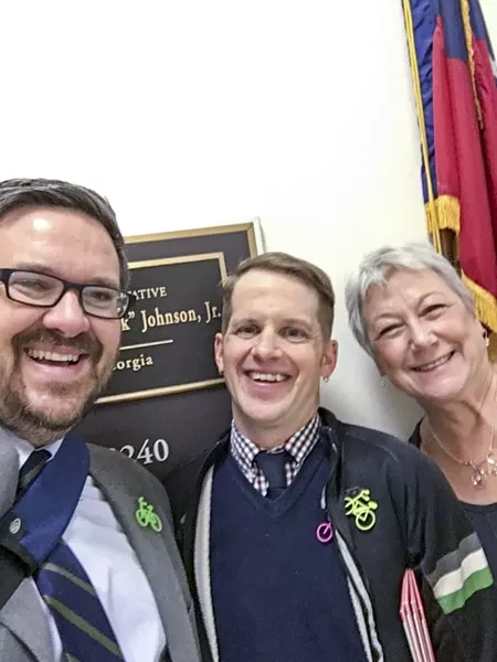 League of American Bicyclists Executive Director Bill Nesper, Georgia Bikes Executive Director Elliott Caldwell, and Cheryl Burnette of Decatur Active Living/City of Decatur outside the office of Rep. Hank Johnson during the 20th Annual National Bike Summit in Washington D.C.