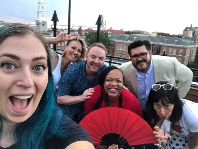 Best Local Photographer Megan Jones, left, takes a group selfie at the Peregrin rooftop lounge with our cover models: Jenny Butcher, Travis Coles, Ally BamBam Shakes, Joshua Yates, and Jessica Leigh Lebos - PHOTO BY MEGAN JONES