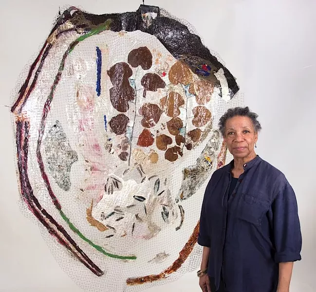 Suzanne Jackson with her work Woodpecker’s Last Blues (2013). Photo by David Kaminsky.