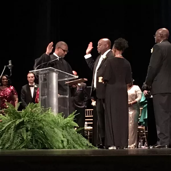 Mayor Van R. Johnson II being sworn in by Judge John E. Morse Jr. - PHOTO BY JIM MOREKIS