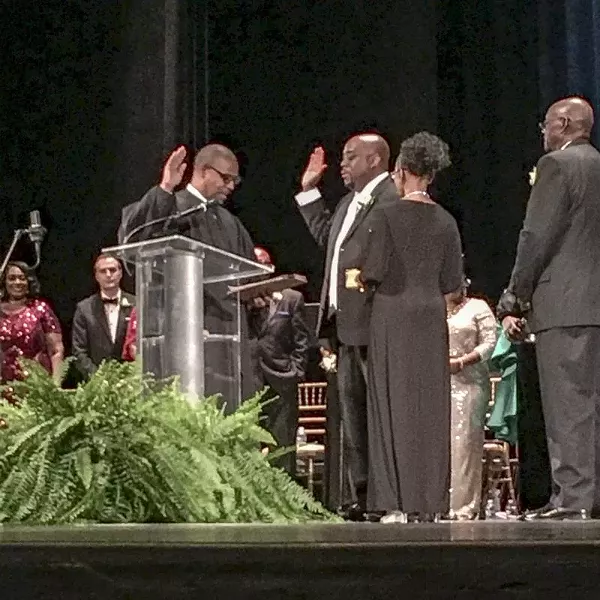 Mayor Johnson being sworn in by Judge John E. Morse
