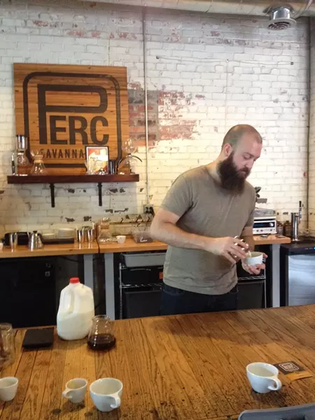 Taylor Wyrosdick will be barista when PERC opens for retail coffee enjoyment on Saturdays; this is Taylor at a recent Friday cupping event.